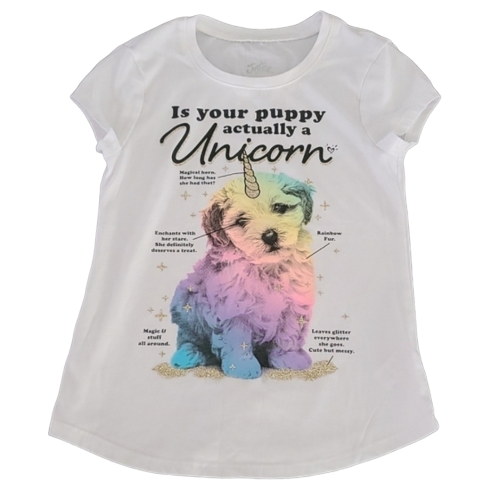 JUSTICE Is Your Puppy Actually a Unicorn Graphic Tee Girls 6 7 Glitter Rainbow - Picture 2 of 14
